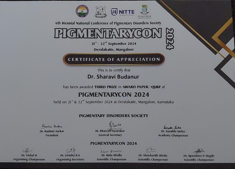 3rd prize in 6th Biennial National Conference of Pigmentary Disorders